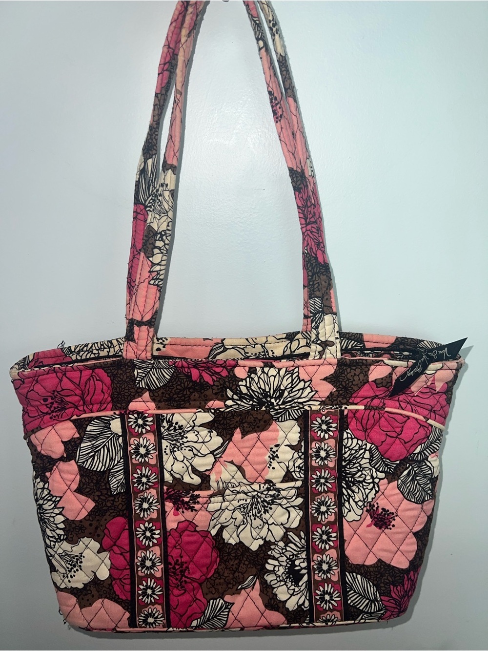 Vera Bradley Pink Floral Quilted Tote Bag Shoulder Purse Zip Top - Picture 16 of 17